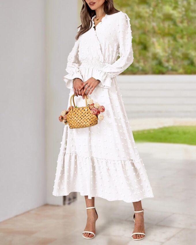 BTFBM Women Fall Maxi Dresses 2025 Long Sleeve V Neck Swiss Dots High Waisted A-Line Ruffle Boho Long Dress Vacation – Bild 4