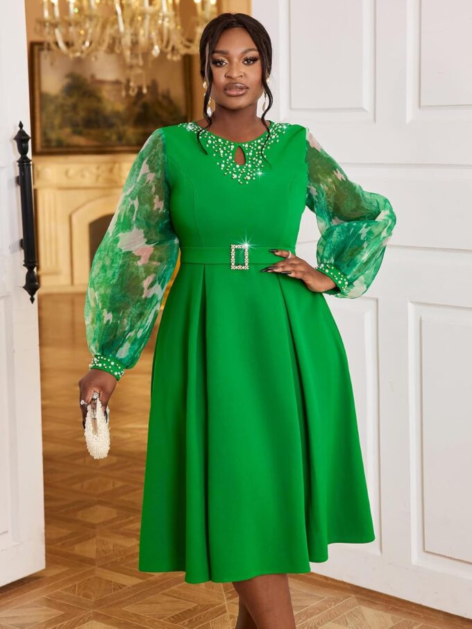 AOMEI Damen Elegant Grün A-Linie Kleid O Ausschnitt Perlen Gedruckt Lange Puffärmel Patchwork mit Gürtel Arbeit Büro Midi Kleider