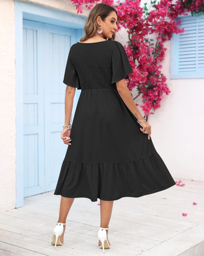 AUSELILY Women's Summer Empire Waist Dress Smocked Flutter Short Sleeve V Neck Midi Dresses 2025 New – Bild 3