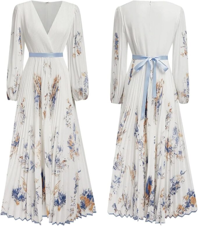 Women's Floral Printed Pleated Dress Sexy V Neck Long Sleeve Flowy A Line Party Maxi Dresses with Belt – Bild 4