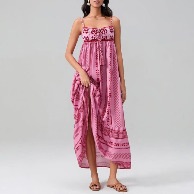 Aopwsrlyi Women's Crochet Maxi Dress Sleeveless Backless Spaghetti Strap Summer Dress Tassel Geometric Pattern Patchy Dress – Bild 3