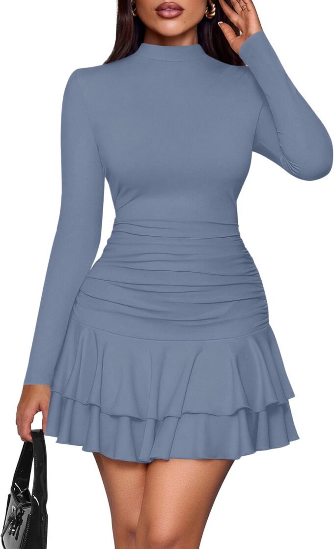 PRETTYGARDEN Women's Fall Long Sleeve Dresses 2025 Mock Neck Ruched Y2K Clothes Ruffle Layered Bodycon Mini Party Dress