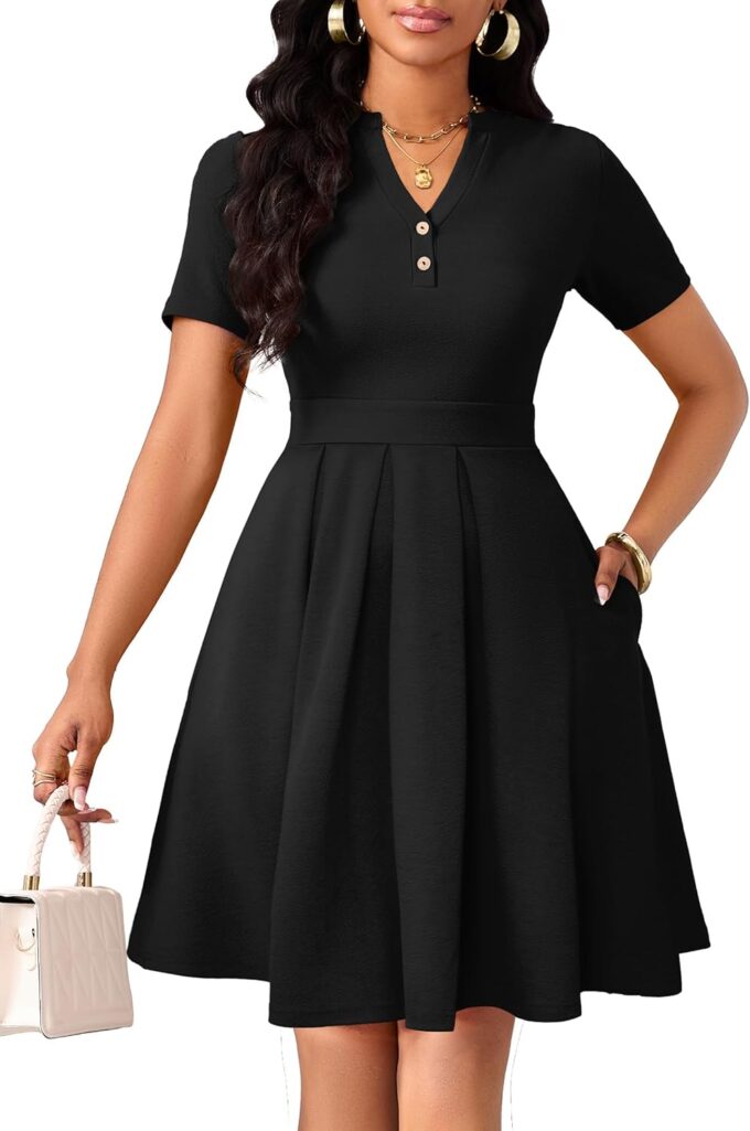 MarryUP Damen-Kleid, kurzärmelig, V-Ausschnitt, lässig, semi-formell, A-Linie, Arbeitskleid, Hochzeitsgäste, Cocktailkleider mit Taschen