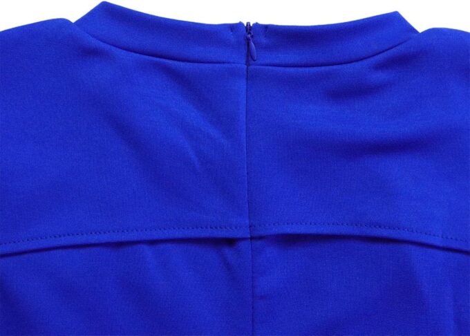 Damen Elegant Plissee Bodycon Kleid Rundhals Kurze Flügelärmel Formal Arbeit Midi Bleistiftkleid, Blau, Klein – Bild 5