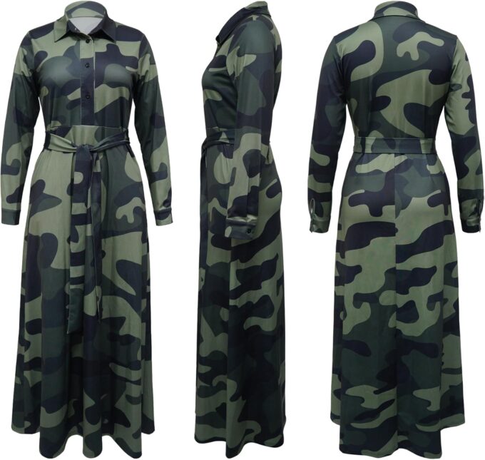 Plus Size Camo Maxi Dress for Women Stretchy V Neck Button Belt A-Line African Outfits with Pockets S-5XL – Bild 6