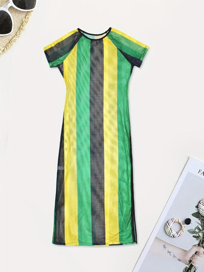 XZLUFNY Womens Colorful Stripe Fishnet Beach Dress Bikinis Swimwear Cover Ups – Bild 4