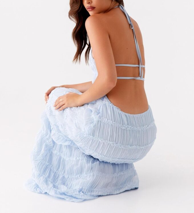 Women Halter Flowy Vacation Long Dress Sexy Sheer Ruched Backless Dress Y2k Sleeveless Beach Tiered Maxi Sundresses – Bild 5