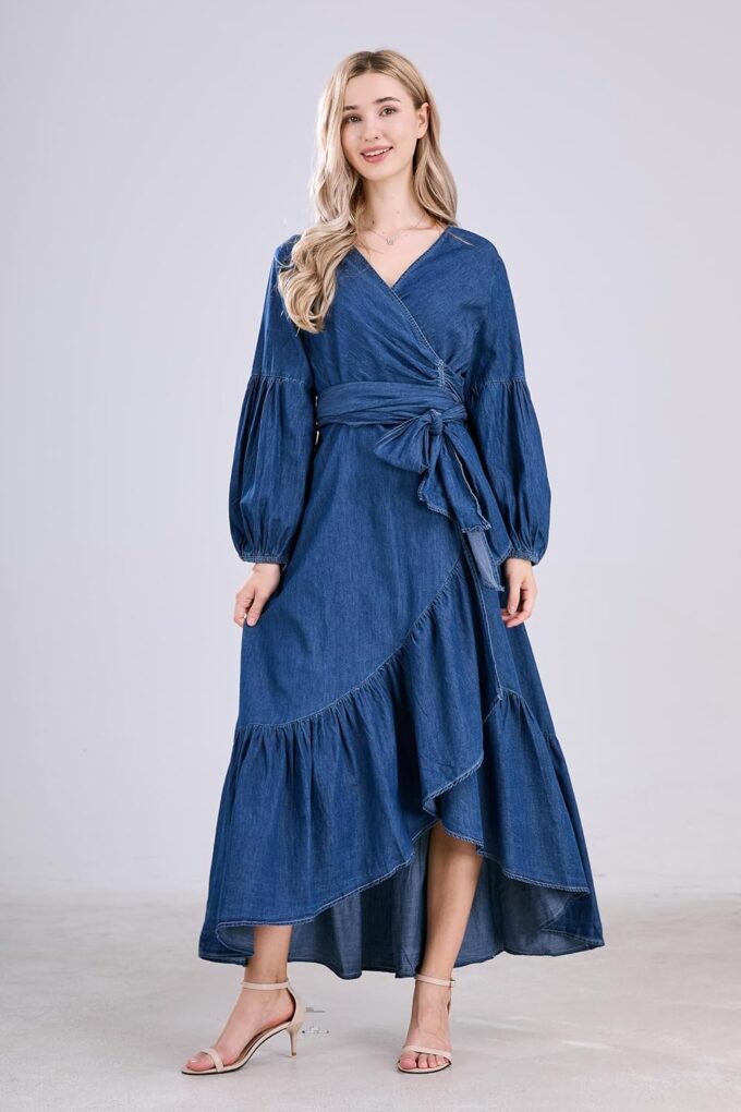 utcoco Womens Casual Belted Long Sleeve Denim Dress Wrapped V-Neck Ruffle Hem Maxi Denim Dresses for Women 2025 – Bild 6