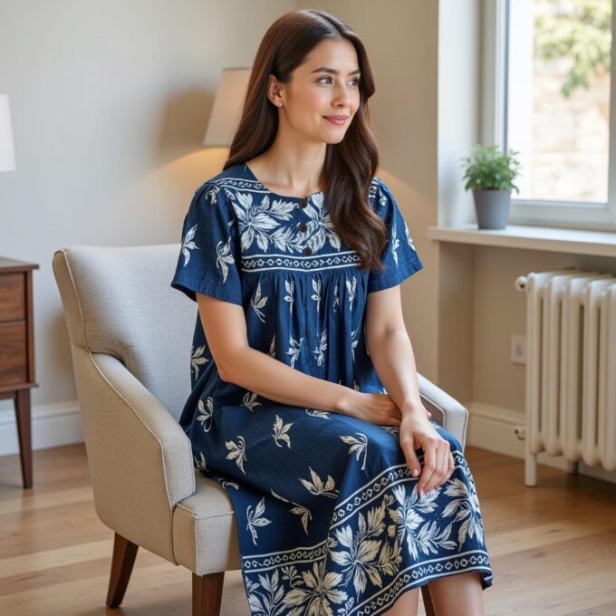 Loungees Short Sleeve Royal Monotone Lounge House Dress Caftan - 3 Button Bib Yoke and Pockets – Bild 2
