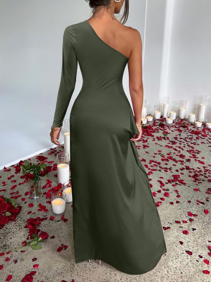 Caracilia Women's One Shoulder Long Sleeve Dresses High Split Ruched Bodycon Sexy Cocktail Wedding Party Formal Maxi Dress – Bild 4