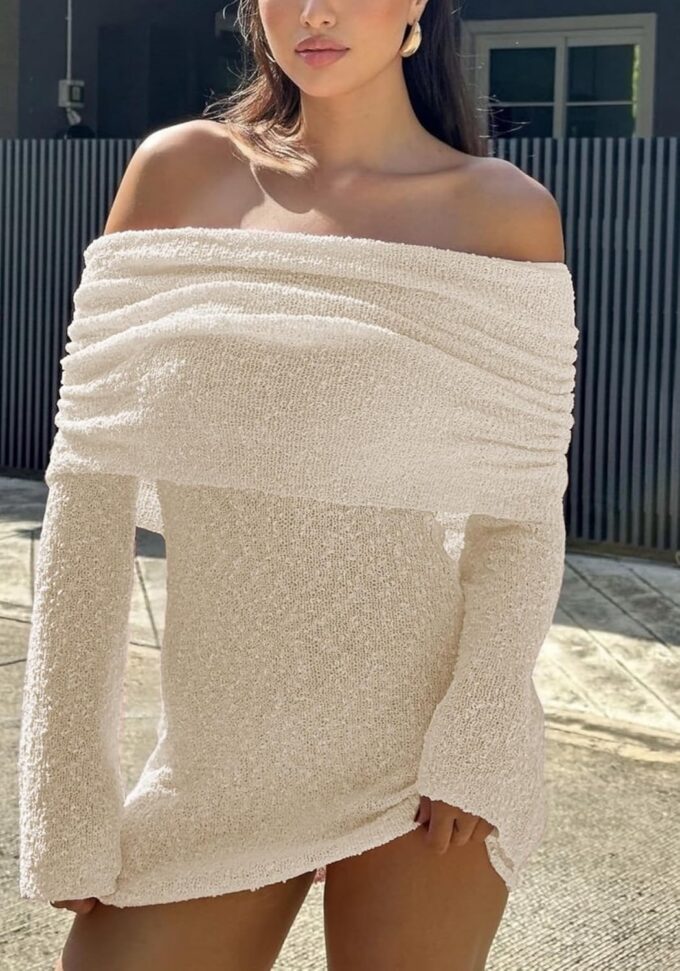 Unybwonn Women's Off Shoulder Mini Short Dress Bodycon Long Sleeve Crochet Sexy Going Out Mesh Elegant Sweater Dresses – Bild 4
