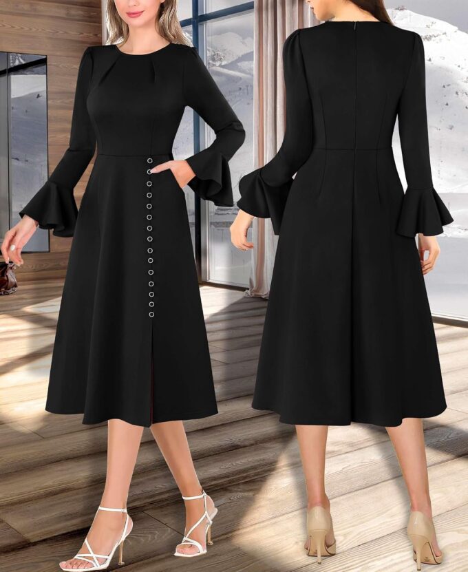 VFSHOW Damen-Kleid, plissiert, Rundhalsausschnitt, Glockenärmel, Taschen, Schlitzknöpfe, Business, Arbeit, Büro, schmale Passform und ausgestelltes A-Linien-Kleid – Bild 2