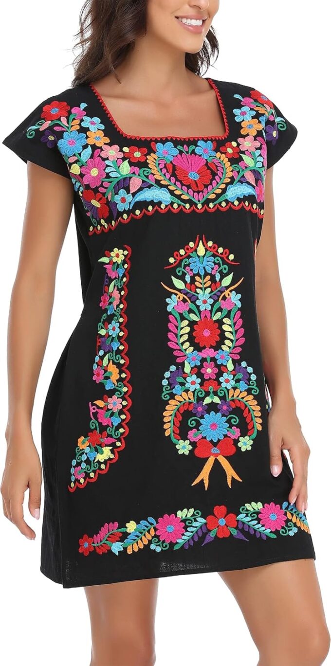 YZXDORWJ Women Mexican Embroidered Dress Ruffle Collar Sleeveless – Bild 3