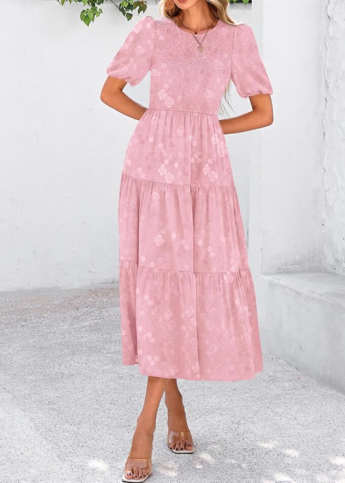 KIRUNDO Womens Summer Dresses Wedding Guest Floral Midi Sundress Short Puff Sleeve Flowy A Line Smocked Tiered Boho Dress – Bild 6