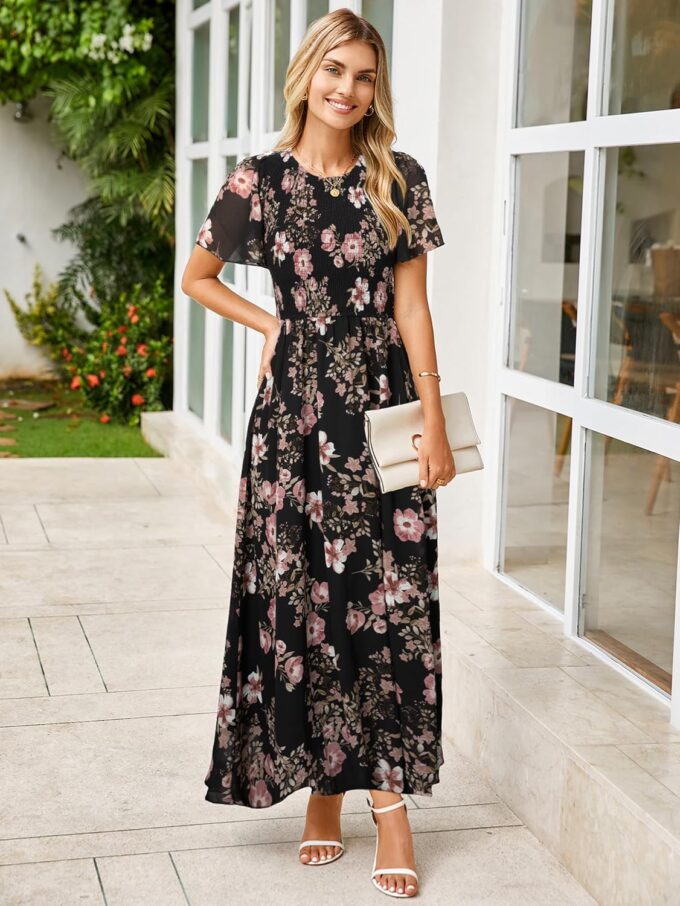 Simplee Womens Summer Floral Casual Maxi Dresses Flutter Short Sleeve Crew Neck Smocked Chiffon Boho Flowy Dress – Bild 3