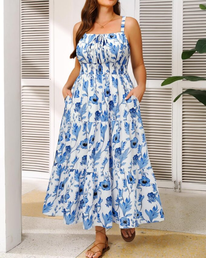 Plus Size Summer Dresses - Boho Maxi Sundress with Pockets Spaghetti Strap Long Casual Sun Dress for Vacation and Beach – Bild 4