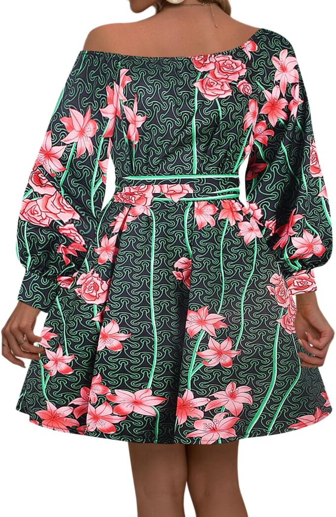 Vimoisa Women Sexy Boho African Short Dress One Shoulder Oblique Neck Dress Pleated Dress Floral Print Long Sleeve Top – Bild 4