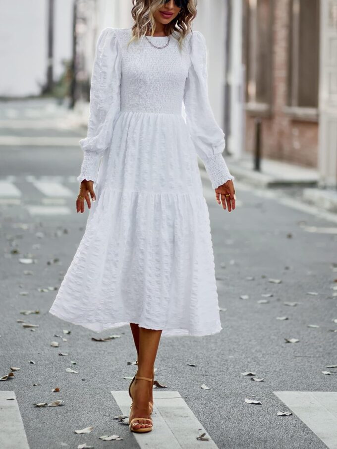 PRETTYGARDEN Women 2025 Spring Puff Long Sleeve Crewneck Smocked Maxi Dress Empire Waist Tiered A-line Swing Flowy Long Dress – Bild 3
