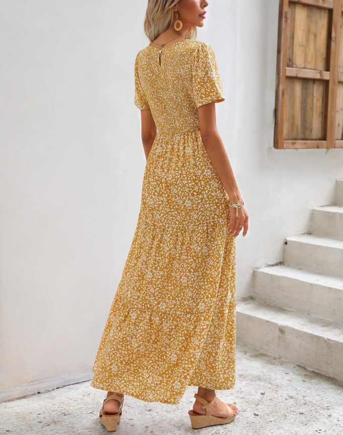 Maggeer Womens 2025 Spring Summer Smocked Wedding Guest Maxi Dress Casual Short Sleeve Floral Boho Flowy Long Dress – Bild 5
