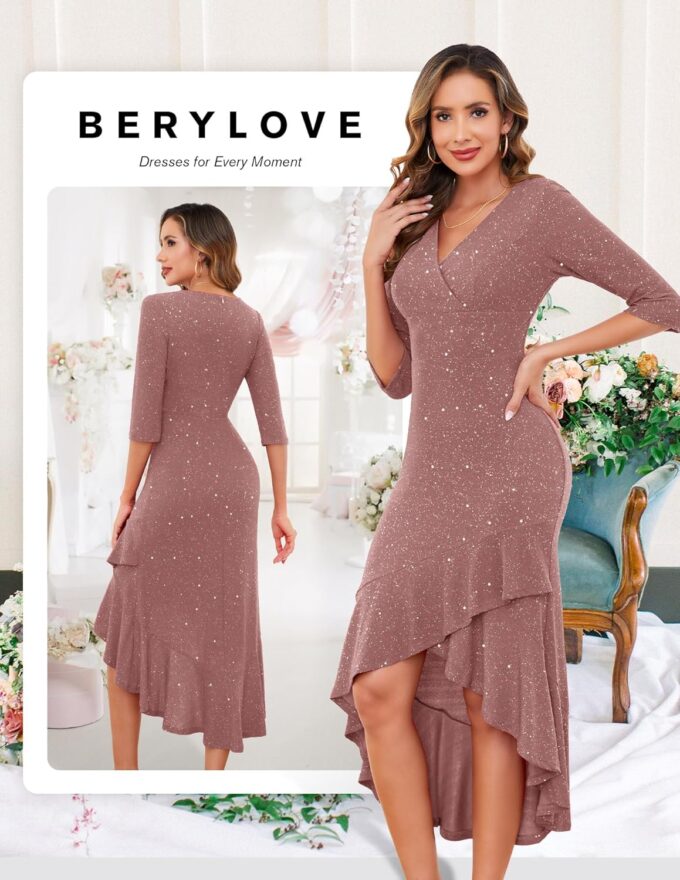 BeryLove Women Formal Wedding Guest Cocktail Sequin Glitter Dress 3/4 Sleeve Midi Evening Gown Prom Party Ruffle Hi Low Dress – Bild 2