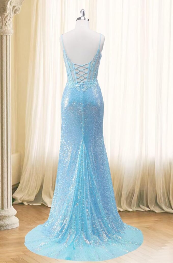 Women's Sequin Mermaid Prom Dresses 2025 Spaghetti Straps V-Neck Lace Applique Formal Evening Dress – Bild 2