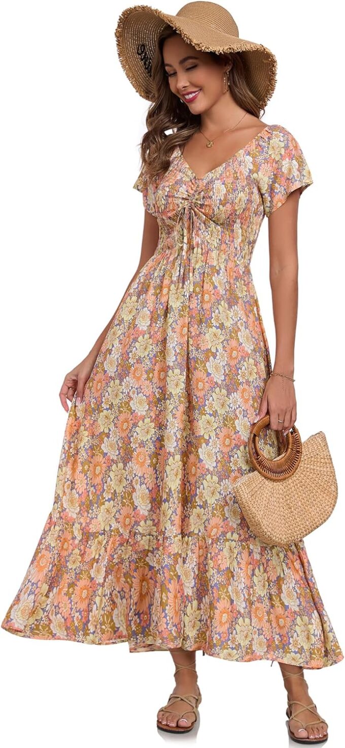 Women's Summer Floral Maxi Dress Casual Short Sleeve Flowy Boho Beach Party Long Dress – Bild 2