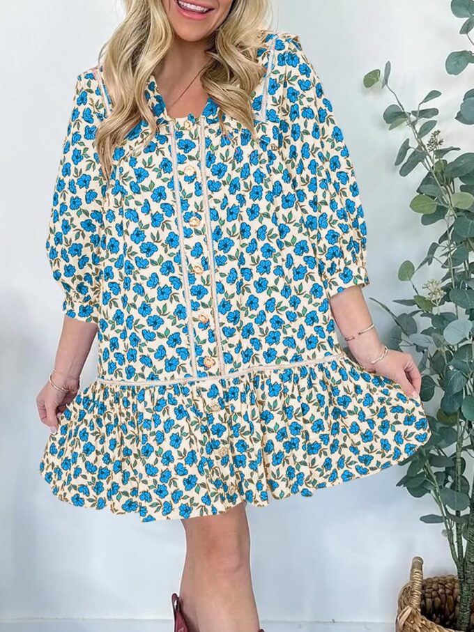 Wenrine Womens Casual Shirt Dresses 3/4 Long Sleeve Floral Button Down Flowy Babydoll Fall Mini Dress – Bild 3