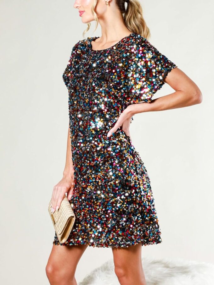 Women's Crewneck Sequin Shift Dress Short Sleeve Casual Holiday Sparkly Party Dress – Bild 4