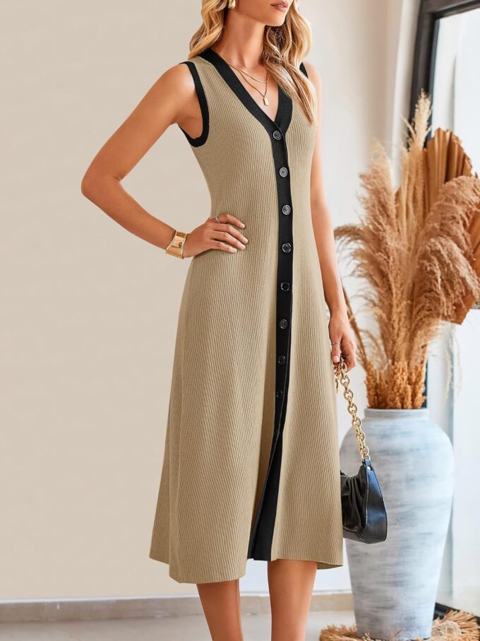Saodimallsu Womens Summer Button Down Sweater Dresses Sleeveless V Neck Casual Ribbed Knit Color Block Midi Tank Dress – Bild 3