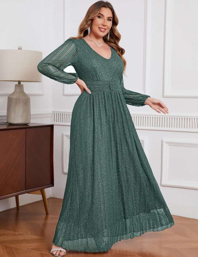ZOMVA Plus Size Maxi Formal Dress Sparkly V-Neck A-line Ruffle Sleeves Evening Gown Cocktail Prom Glitter – Bild 2