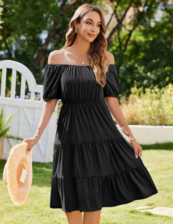 Zeagoo Women's Summer Dress Casual Puff Sleeve Square Neck Midi Dresses Tiered Beach Vacation A-Line Sundress with Pockets – Bild 3
