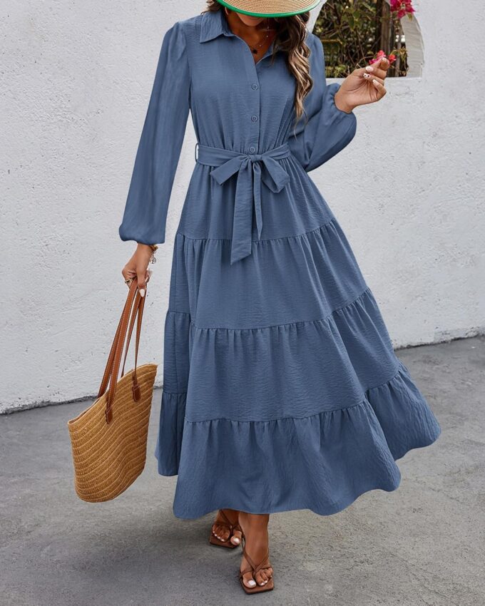 dowerme Women's Long Sleeve Dress 2025 Button Down Belted A-Line Flowy Fall Outfits Ruffle Maxi Holiday Party Dresses – Bild 4