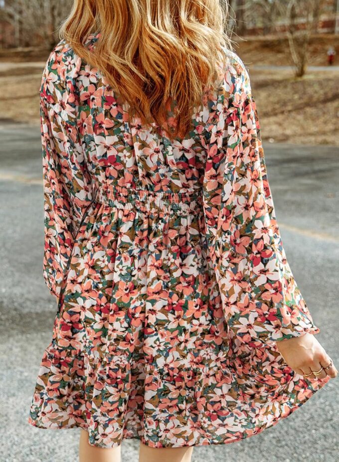 Dokotoo Womens Dresses 2025 Boho Floral V Neck Long Sleeve Smocked Elastic Waist Casual A-Line Swing Mini Dress Sundress – Bild 2