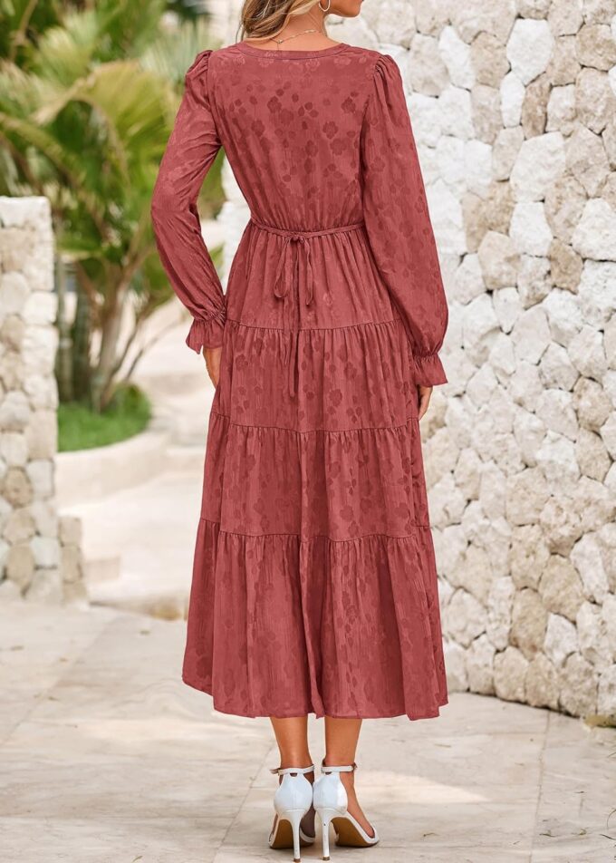 KIRUNDO Dresses for Women 2025 Elegant Classy Fall Wedding Guest Maxi Long Sleeve Empire Waist Ruffle Tiered Flowy Long Dress – Bild 2