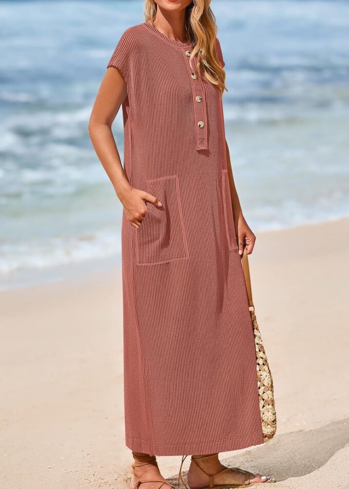 KIRUNDO Womens Summer Dresses Ribbed Knit Henley Short Sleeve Maxi Dress Button Up Loose Slit Beach Vacation Sundress – Bild 7