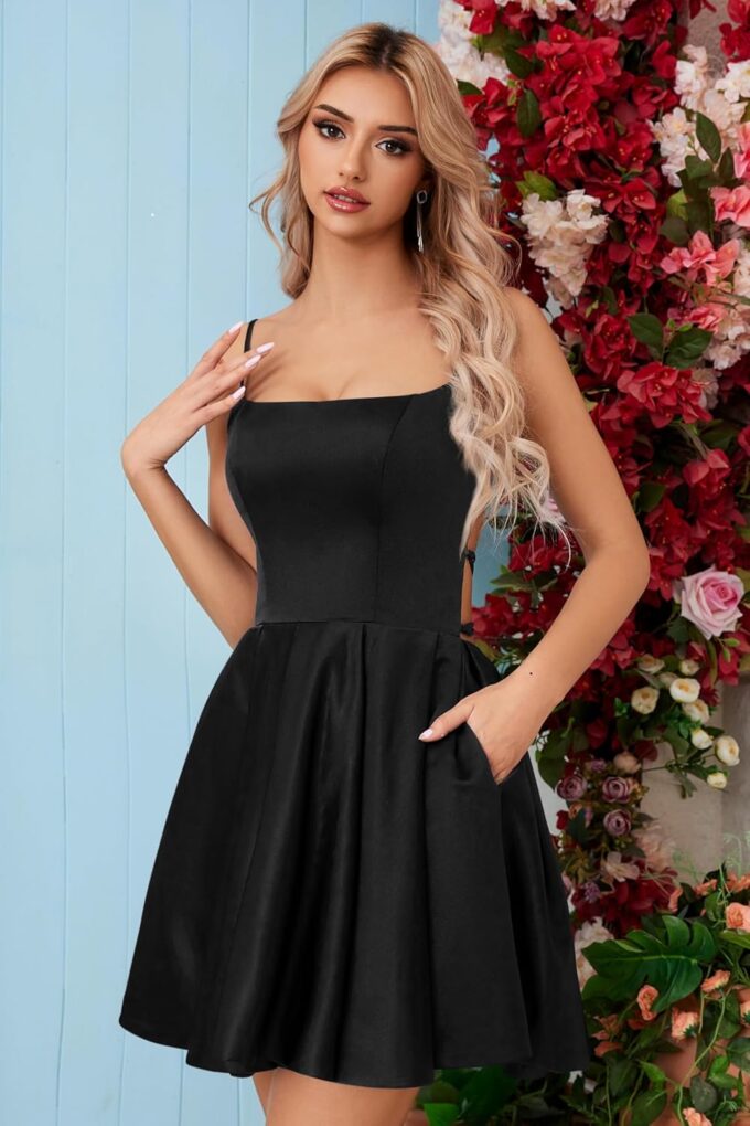 Satin Mini Homecomg Dress for Teens Short Backless with Pockets Spaghetti Strap Cocktail Dress – Bild 3