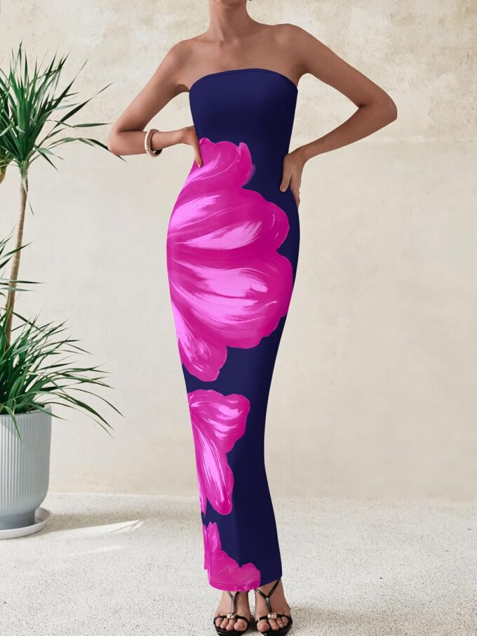 PRETTYGARDEN Women Summer Strapless Maxi Dress Bodycon Floral Sexy Long Wedding Guest Dress Formal Tube Mesh Cocktail Dresses – Bild 3