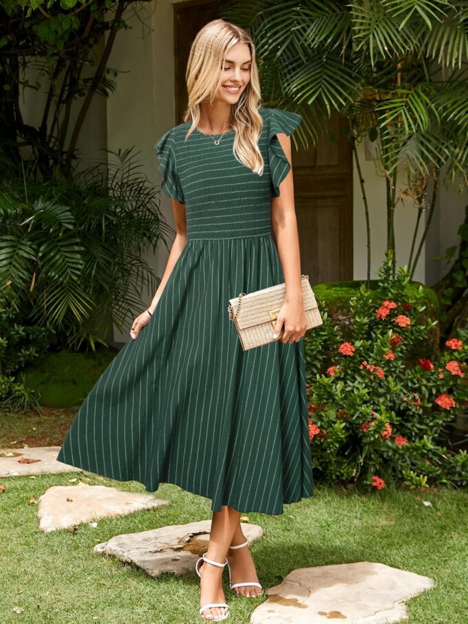 Simplee Womens Striped Midi Summer Dress Smocked Flutter Short Sleeve Dress 2025 Flowy Casual Dress with Pockets – Bild 2