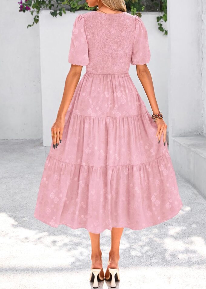 KIRUNDO Womens Summer Dresses Wedding Guest Floral Midi Sundress Short Puff Sleeve Flowy A Line Smocked Tiered Boho Dress – Bild 2