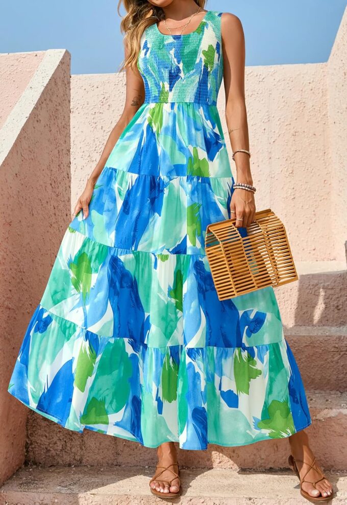 PRETTYGARDEN Smocked Tank Floral Maxi Dresses for Women 2025 Wedding Guest Dress Sleeveless Flowy Long Sundress with Pockets – Bild 5