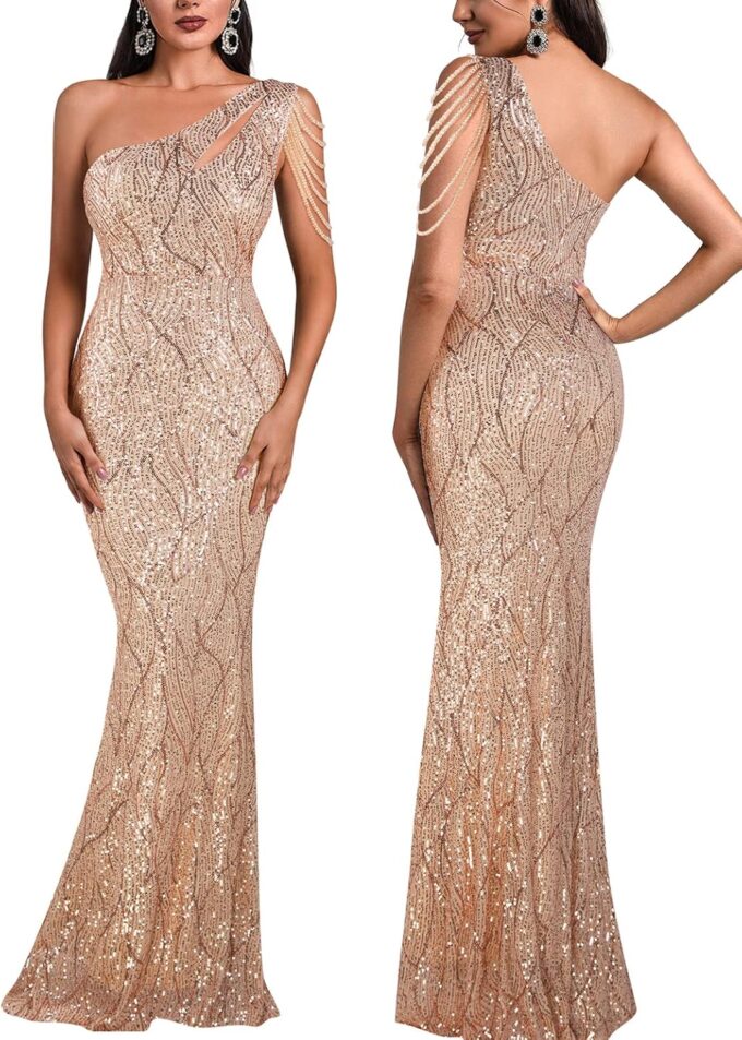 Women One Shoulder 1920s Plus Size Formal Dress Tassels Sleeve Sequins Gatsby Maxi Evening Gown – Bild 4
