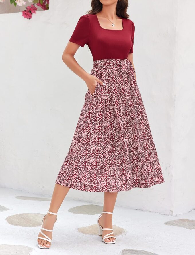 Miladusa Women 2025 Summer Dress Square Neck Short Sleeve Midi Dresses Outfits with Pockets – Bild 3
