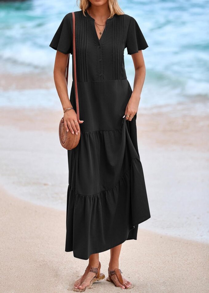 KIRUNDO Summer Maxi Dresses for Women 2025 Spring Fashion Short Sleeve Button V Neck Pleated Loose Tiered Swing Flowy Dress – Bild 6