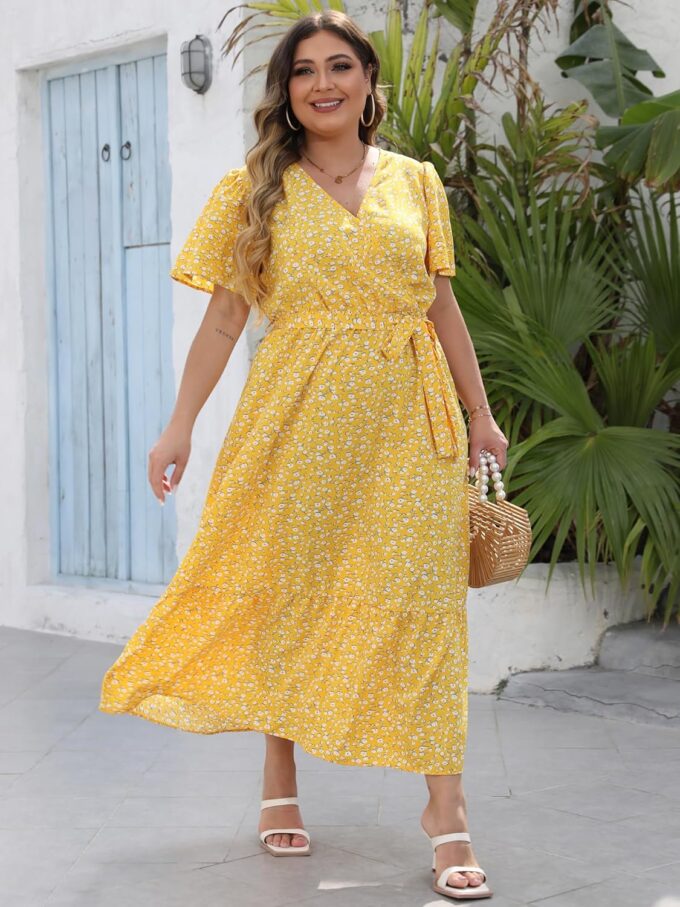 Womens Plus Size Summer Dresses Short Sleeve Wrap V Neck Floral Formal Maxi Wedding Guest Long Dress with Belt XL-5XL – Bild 4