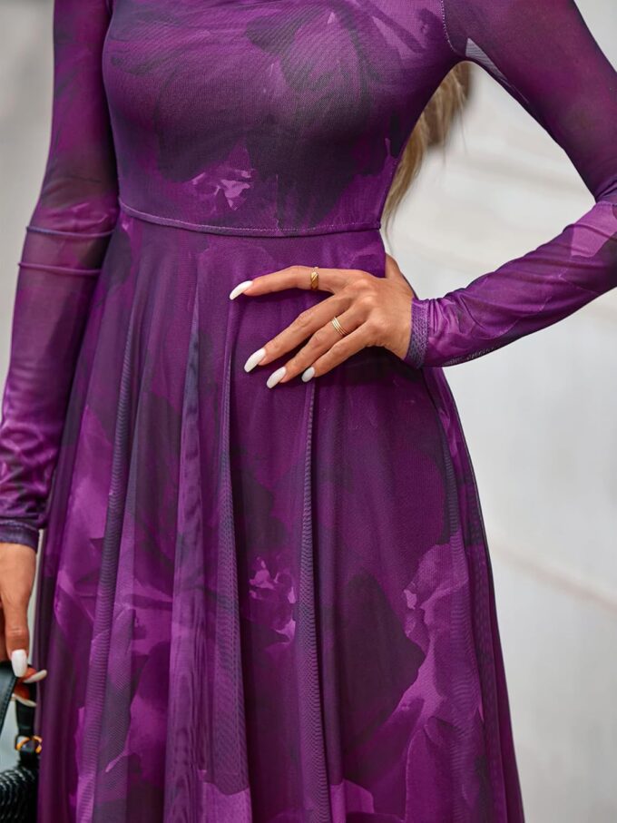 BTFBM Women Maxi Dress Fall 2025 Fashion Elegant Long Sleeve Square Neck Floral Print Party Club Wedding Guest Dresses – Bild 8