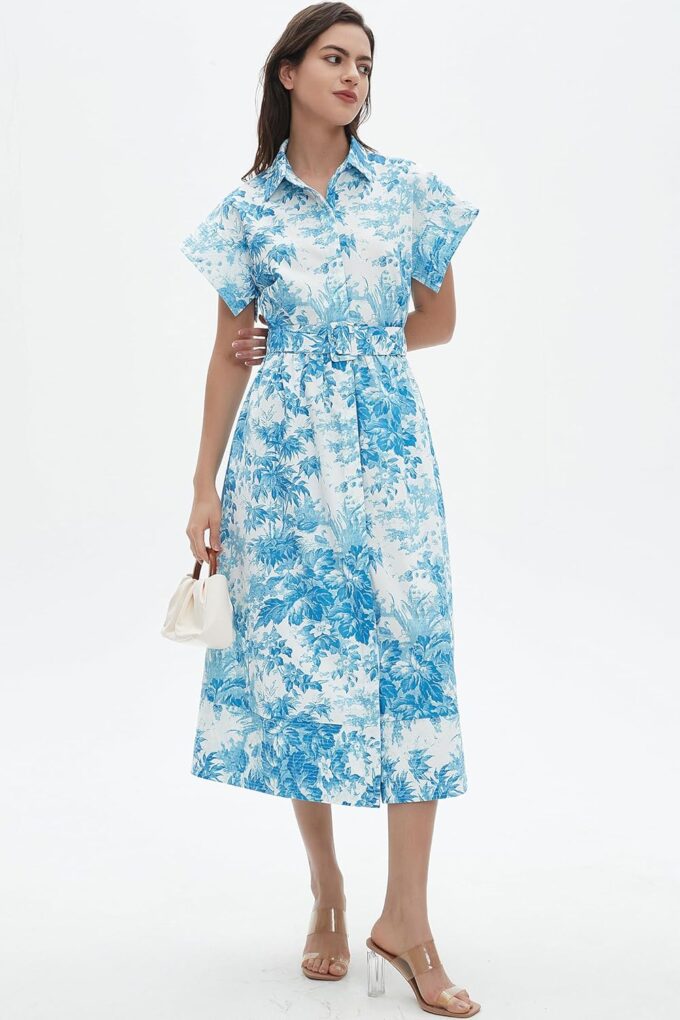 D-Sun Women Button Down Shirt Dress V-Neck Floral Printed Short Sleeves Mid Shirt Dress Belt A-Line Party with Pockets – Bild 6