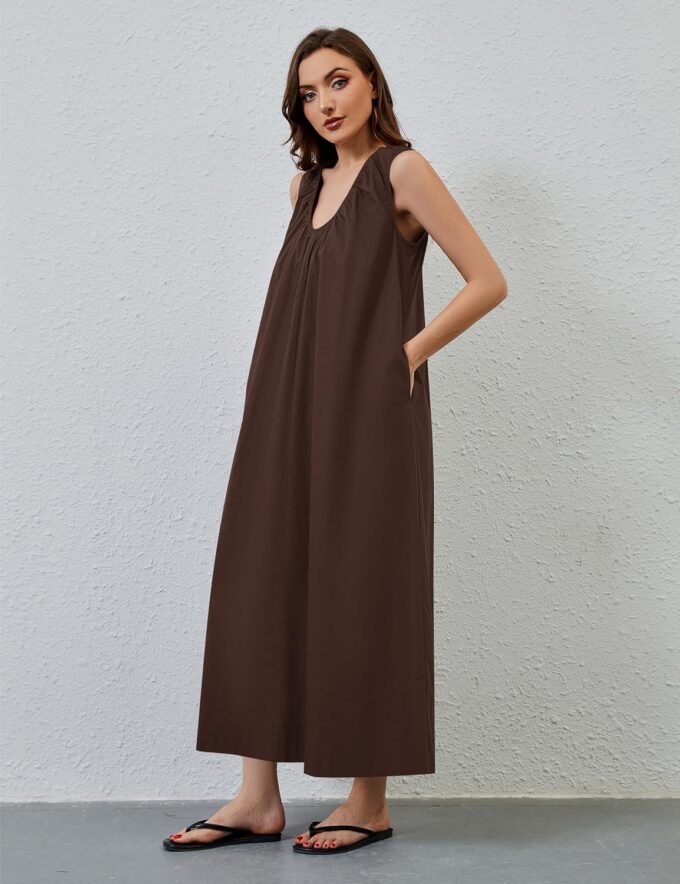 Women Flowy Maxi Dress Ruched Sleeveless Scoop Neck Long Dress Summer Vacation Elegant Loose Sundress with Pockets – Bild 5