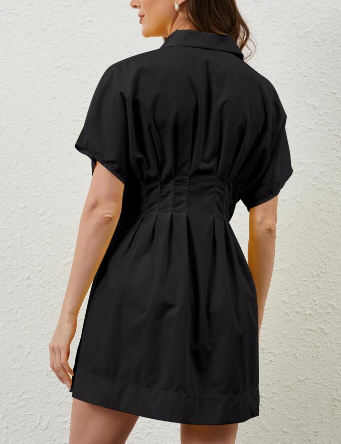 Women Button Down Pleated Shirt Dress Summer Short Sleeve Blouse Striped Print Corset Mini Dresses – Bild 6
