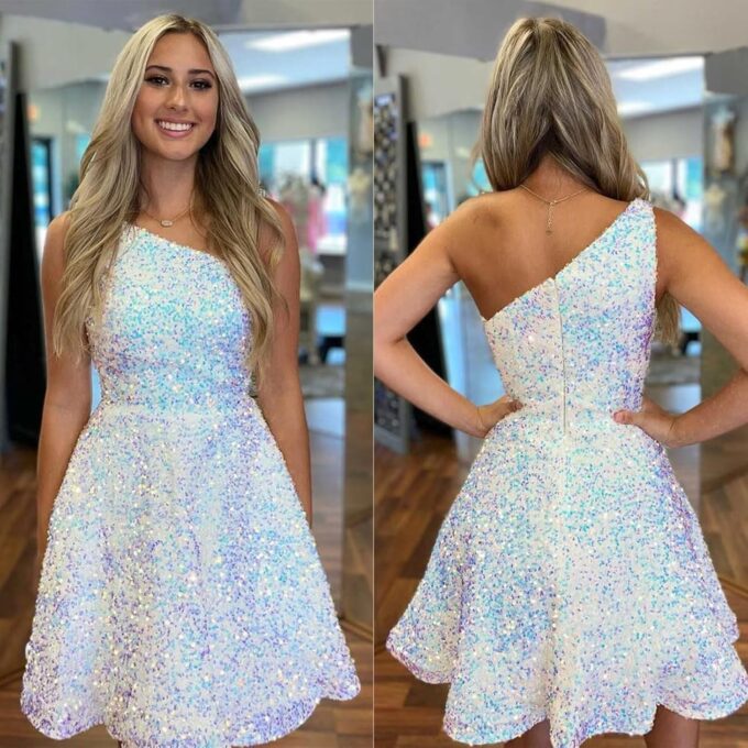 One Shoulder Sequin Homecoming Dresses for Teens 2025 Short Prom Dress Sparkly A-line Formal Dress with Pockets – Bild 5