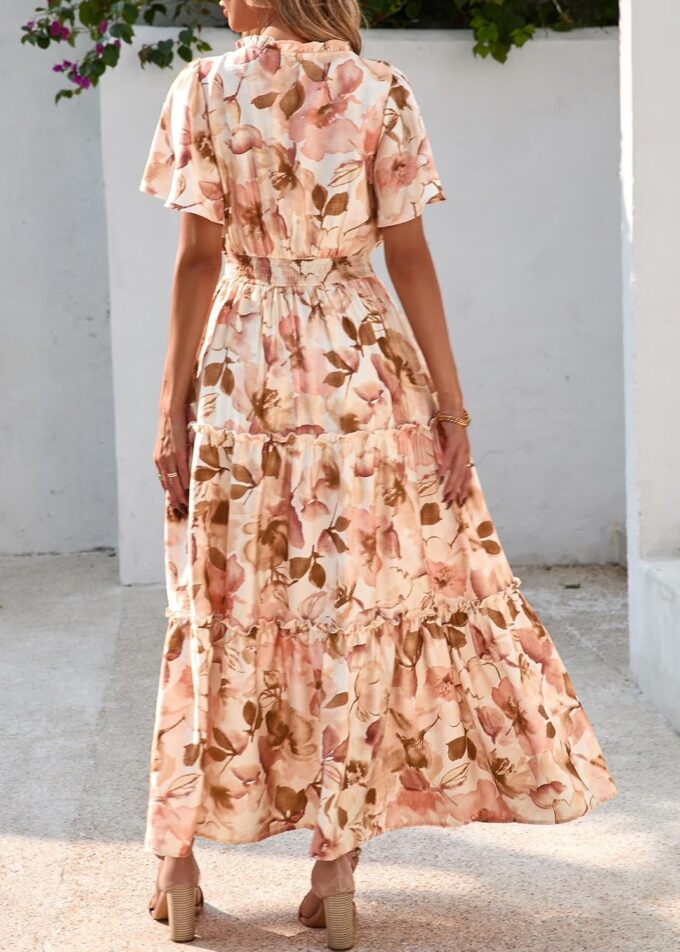 KIRUNDO Womens Summer Boho Floral Maxi Dress Flutter Short Sleeve V Neck Ruffle Tiered Flowy Beach Wedding Guest Dresses – Bild 2